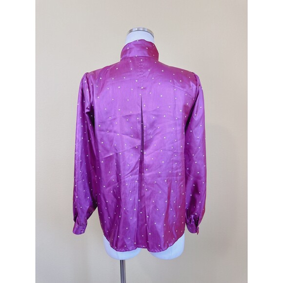 1980s Hanae Mori Tops Silky Blouse / 80s Magenta Pleated Ascot Star Print Small - Picture 4 of 7